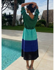 Multi-Colour Pleated Midi Dress With Adjustable Waist In Green