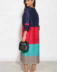 Multi-Colour Pleated Midi Dress With Adjustable Waist In Navy