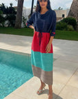 Multi-Colour Pleated Midi Dress With Adjustable Waist In Navy