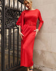 Pleated Maxi Dress with Statement Belt In Red