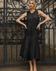 Sculptural Pleated Midi Dress with Structured Panels