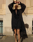Rose Floral Tie-Neck Oversized Midi Dress In Black
