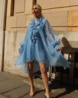 Rose Floral Tie-Neck Oversized Midi Dress In Blue