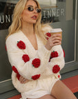 Hand-Knitted Strawberry Appliqué Cardigan in Ivory