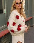 Hand-Knitted Strawberry Appliqué Cardigan in Ivory