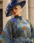Statement Fascinator Hat With Feather Detail In Navy