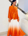 Full pleated Kimono sleeves cardigan top and tie dye print maxi skirt in orange