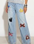 Denim Print Animal Graffiti Pleated Wide Leg Trousers