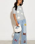 Denim Print Animal Graffiti Pleated Wide Leg Trousers