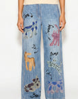 Denim Print Animal Graffiti Pleated Wide Leg Trousers