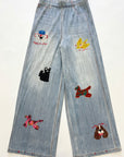 Denim Print Animal Graffiti Pleated Wide Leg Trousers