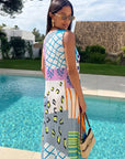 Abstract Print Sleeveless Pleated Maxi Dress
