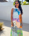 Abstract Print Sleeveless Pleated Maxi Dress