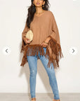 Camel color Knitted Shawl with Faux Leather Fringed