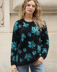 Leaves Print Neon Colour Fluffy Jumper (Blue)