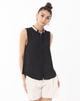 Pearl Embellished Neckline Sleeveless Top(BLACK)