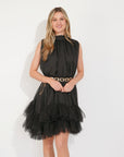 Stand collar shift dress with heavily gathered tiered mesh frills shirt hem design