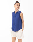 Pearl Embellished Neckline Sleeveless Top(ROYAL BLUE)