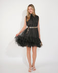 Stand collar shift dress with heavily gathered tiered mesh frills shirt hem design