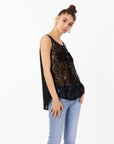 Black Lace Chiffon Top Shirt Blouse with Front Cross Strip Back
