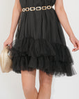 Stand collar shift dress with heavily gathered tiered mesh frills shirt hem design