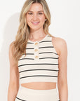 Knitted stripe print vest top and midi skirt co-ords set in beige