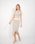 Knitted stripe print vest top and midi skirt co-ords set in beige