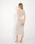 Knitted stripe print vest top and midi skirt co-ords set in beige