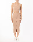 Wrap deigned sleeveless vest top and midi skirt co-ords suits in beige