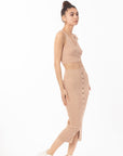 Wrap deigned sleeveless vest top and midi skirt co-ords suits in beige