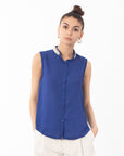 Pearl Embellished Neckline Sleeveless Top(ROYAL BLUE)