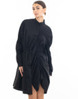 Asymmetry with Elasticated design cotton blend shirt dress in Black