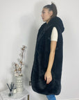Plus Size Faux Fur Long Gilet with Hoodie in black