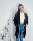 Jacquard design knit Long Cardigan with Gold Trim design in Black
