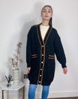 Jacquard design knit Long Cardigan with Gold Trim design in Black