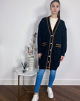 Jacquard design knit Long Cardigan with Gold Trim design in Black