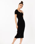 Soft Knitted Ribbed Midi Split Hem Bodycon Dress In Black