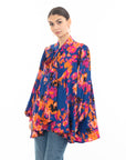 Wild Bloom multi color print oversized shirt with tie up bow design in blue