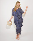 Layers Multi Fringed Tassel Pleated Midi Dress in Blue