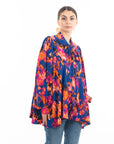 Wild Bloom multi color print oversized shirt with tie up bow design in blue
