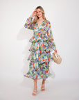 Floral Print Ruffle Multi Layer Hem design maxi long Dress in blue