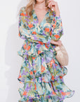 Floral Print Ruffle Multi Layer Hem design maxi long Dress in blue
