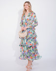 Floral Print Ruffle Multi Layer Hem design maxi long Dress in blue