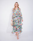 Floral Print Ruffle Multi Layer Hem design maxi long Dress in blue