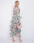 Floral Print Ruffle Multi Layer Hem design maxi long Dress in blue