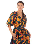 Oversized puff sleeve midi dress in Yellow Floral Print