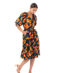 Oversized puff sleeve midi dress in Yellow Floral Print