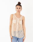 Cream Lace Chiffon Top Shirt Blouse with Front Cross Strip Back