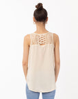 Cream Lace Chiffon Top Shirt Blouse with Front Cross Strip Back
