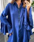 Oversized Shirt with Frilled Sleeves and Mesh Back in Blue